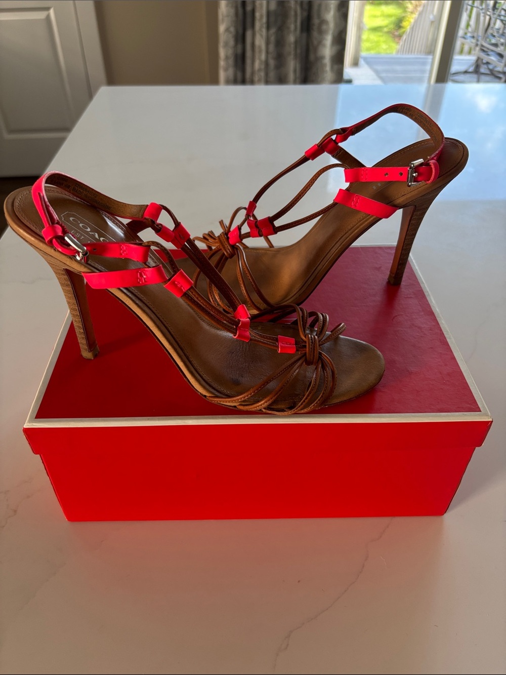 Women's Brown Leather High Heel Sandals with Pink Neon Accent Straps